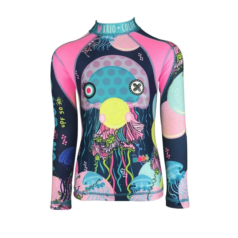 Krio‎ + Color Jellyfish Cookies Girls Long Sleeve Rash Guard Shirt Zipper 12-14